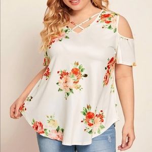 5x white cold shoulder top with flowers